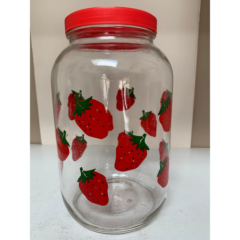Large Vintage 4 Quart Strawberry Glass Canister with Lid